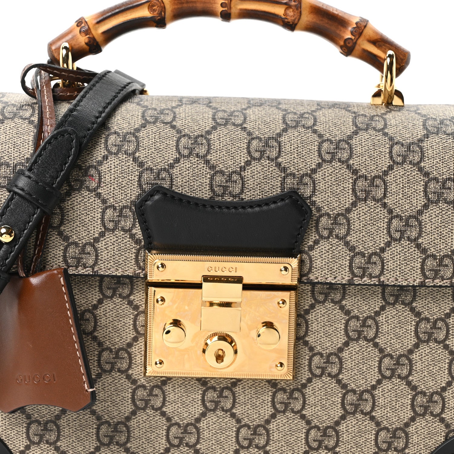 Gucci GG Supreme Monogram Small Padlock Bamboo Shoulder Bag Beige Black Cuir 7 of 10