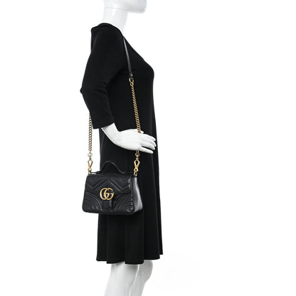 Gucci Calfskin Matelasse Mini GG Marmont Top Handle Shoulder Bag Black 2 of 17