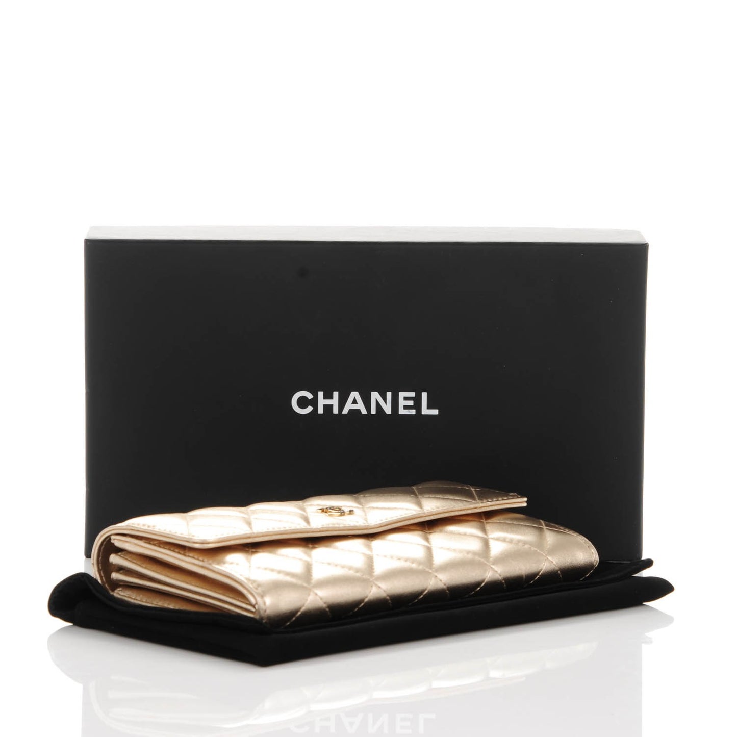 Metallic Lambskin Quilted Large Gusset Flap Wallet Gold