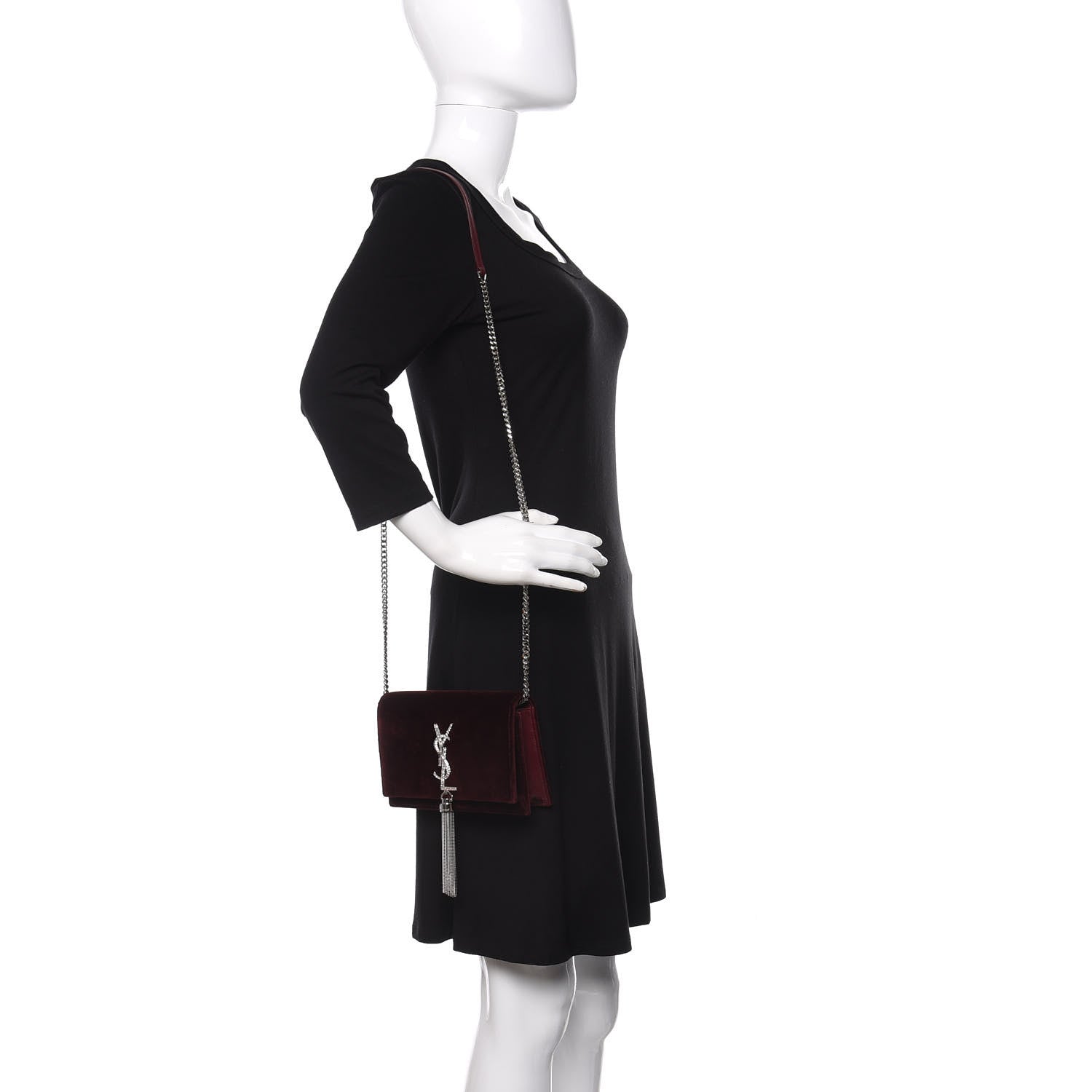 Saint Laurent Velvet Crystal Monogram Kate Tassel Shoulder Bag Burgundy 2 of 14