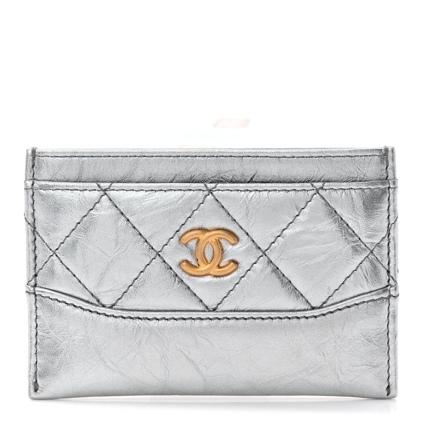 Metallic Aged Calfskin Quilted Gabrielle Card Holder Wallet Silver