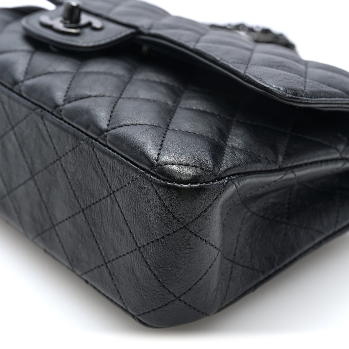 Crumpled Calfskin Quilted Medium Double Flap So Black
