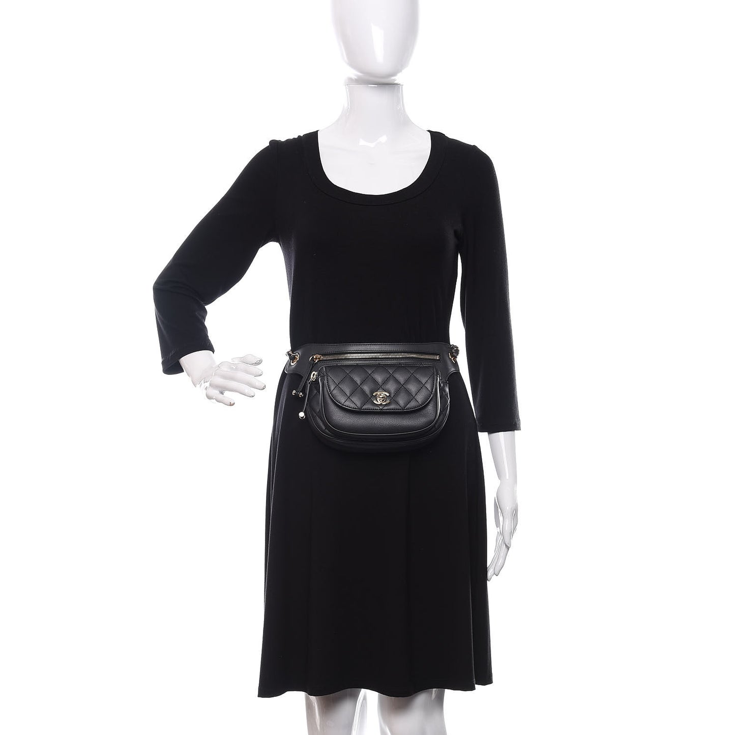 Calfskin Flap Chain Waist Bag Black
