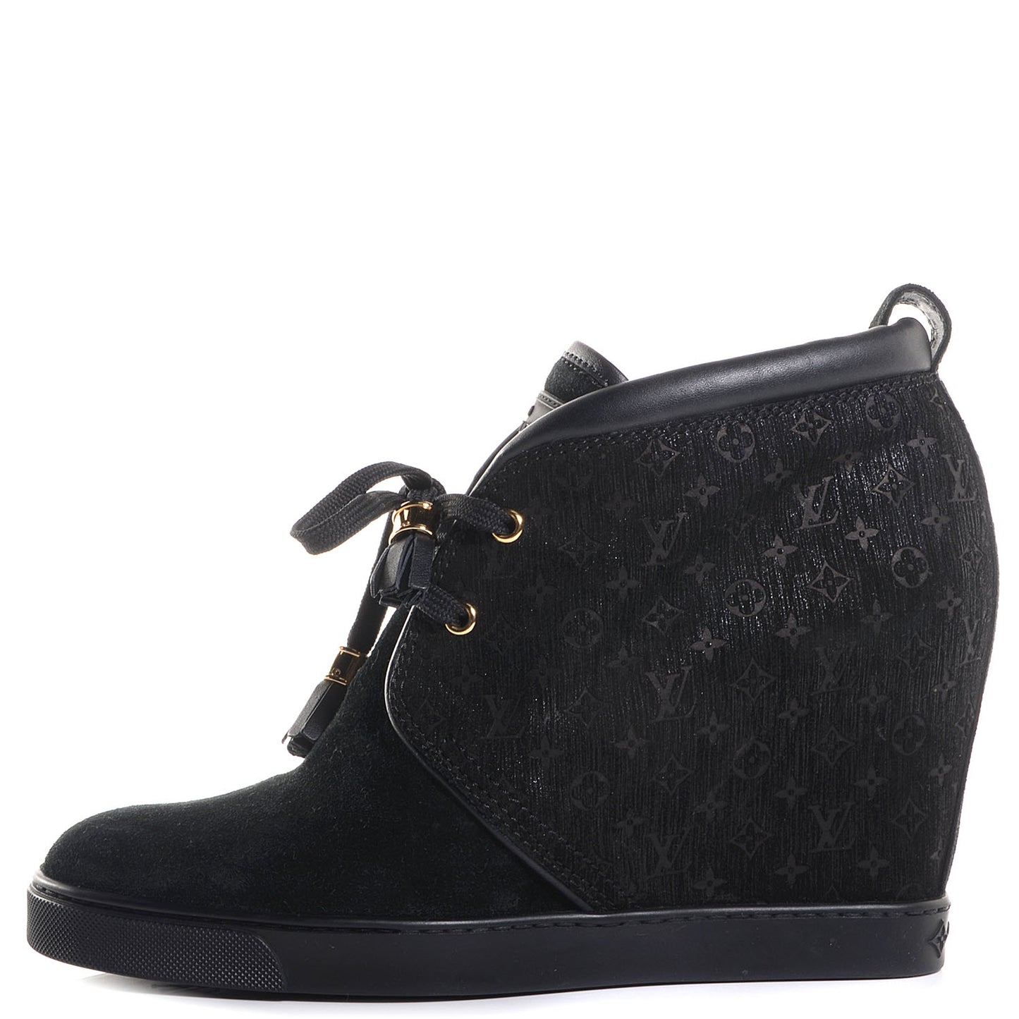 Monogram Suede Wedge Ankle Boots 38.5 Black