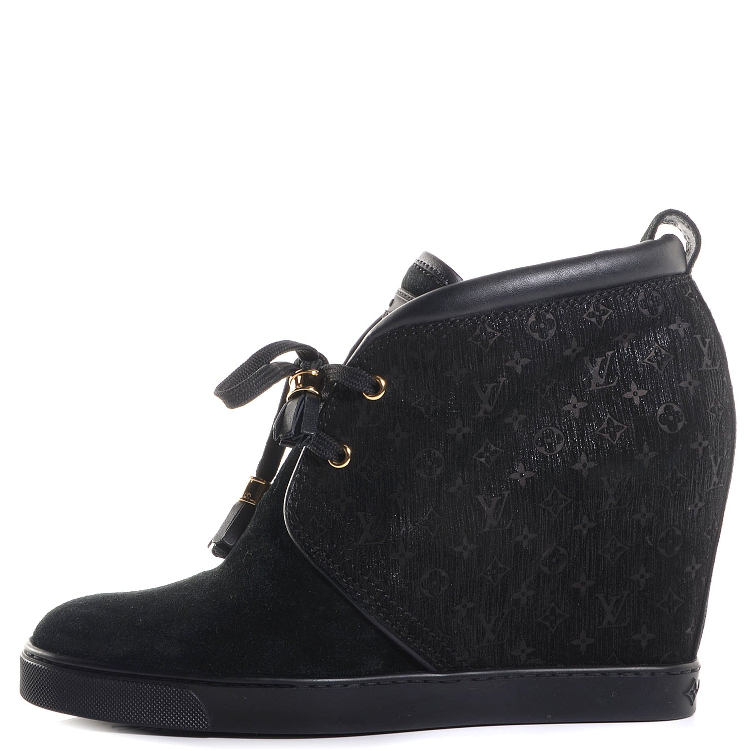 Louis Vuitton Monogram Suede Wedge Ankle Boots 38.5 Black 1 of 6