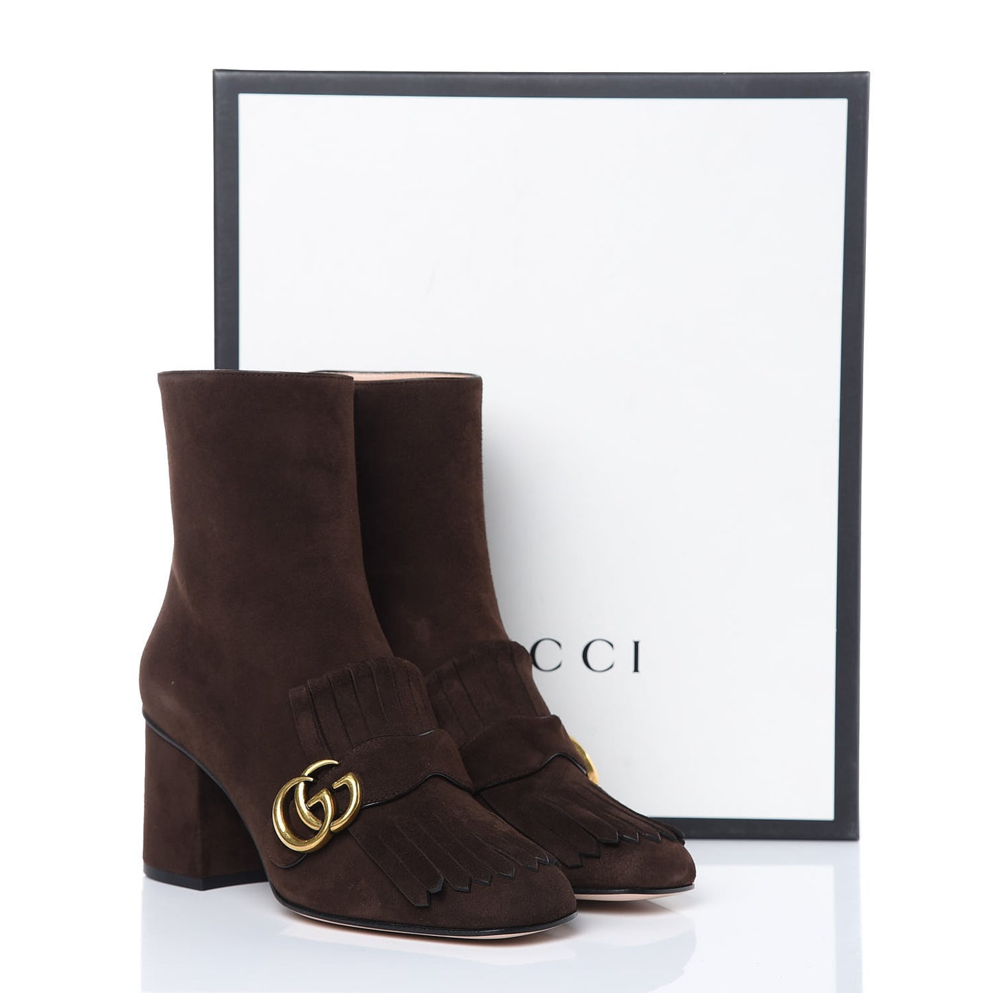 Kid Scamosciato GG Marmont Fringe 75mm Ankle Boots 38 Cocoa