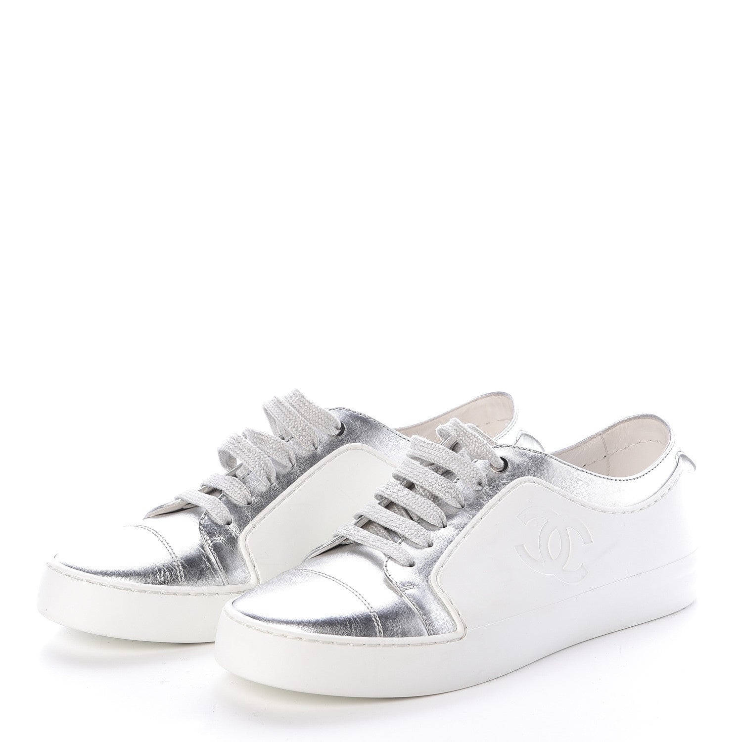 Chanel Iridescent Goatskin Womens Sneakers 36.5 White Silver 3 of 7