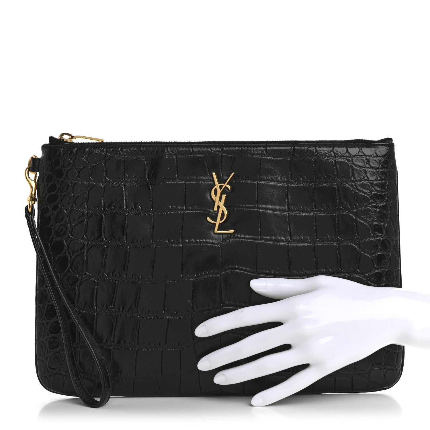 Saint Laurent Calfskin Crocodile Embossed Tablet Pouch Black 2 of 9