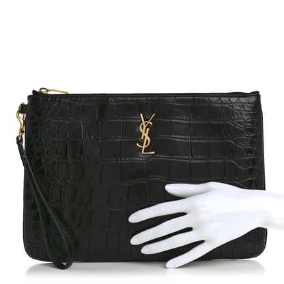 Saint Laurent Calfskin Crocodile Embossed Tablet Pouch Black 2 of 9