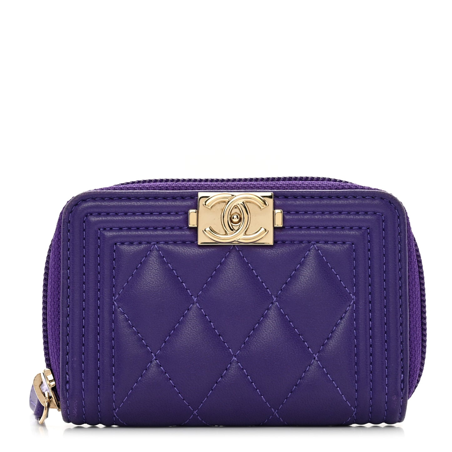 Lambskin Quilted Boy Zip Around Coin Purse Wallet Purple