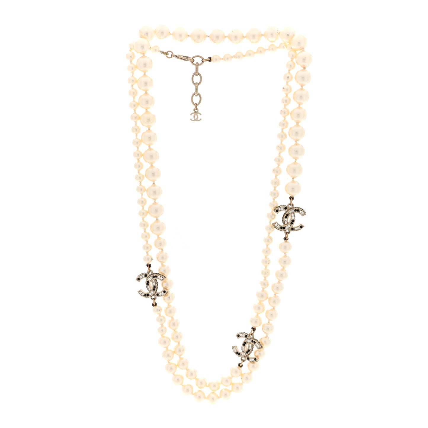 Baguette Crystal Pearl CC Long Necklace Gold
