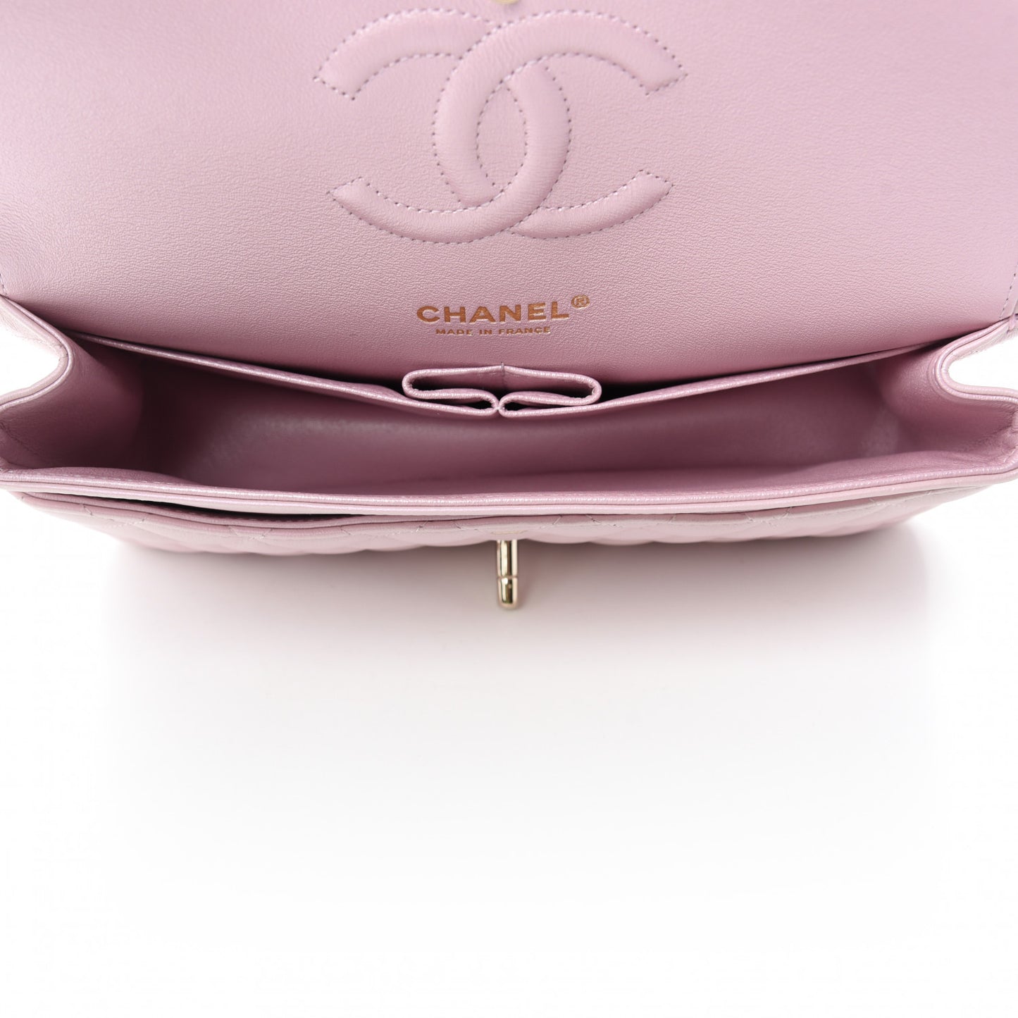 Iridescent Calfskin Quilted Medium Double Flap Light Pink