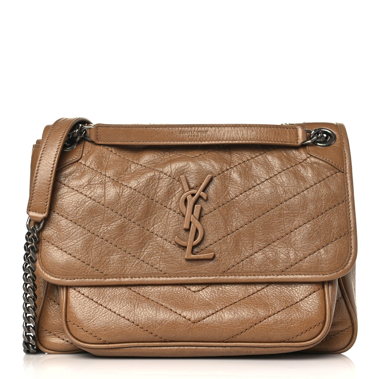 Crinkled Calfskin Matelasse Monogram Medium Niki Chain Satchel Caramel
