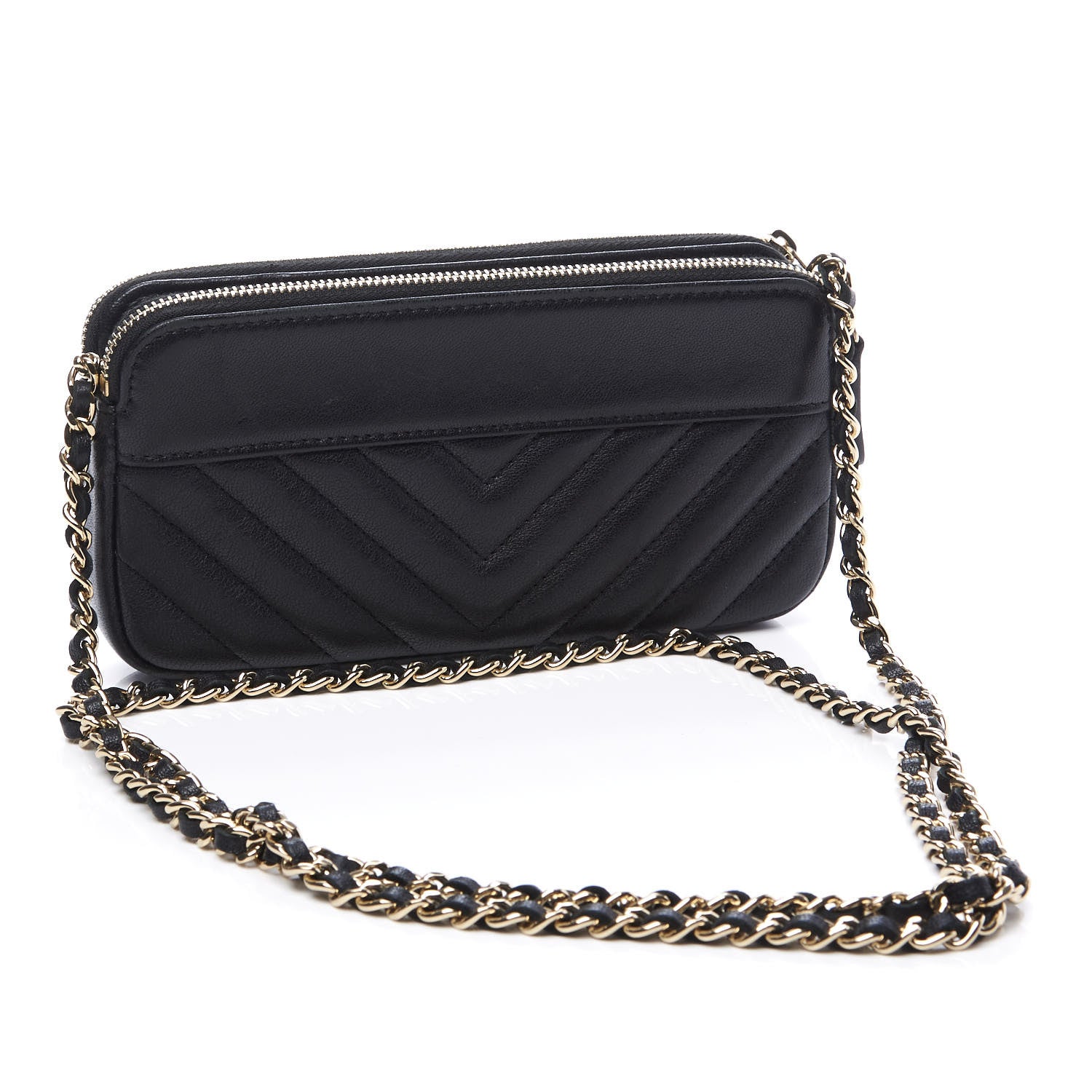 Chanel Metallic Sheepskin Chevron Quilted Small Vintage Mademoiselle Clutch With Chain Black 2 of 13