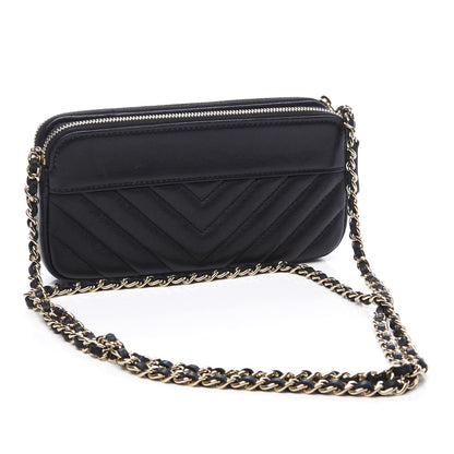 Chanel Metallic Sheepskin Chevron Quilted Small Vintage Mademoiselle Clutch With Chain Black 2 of 13