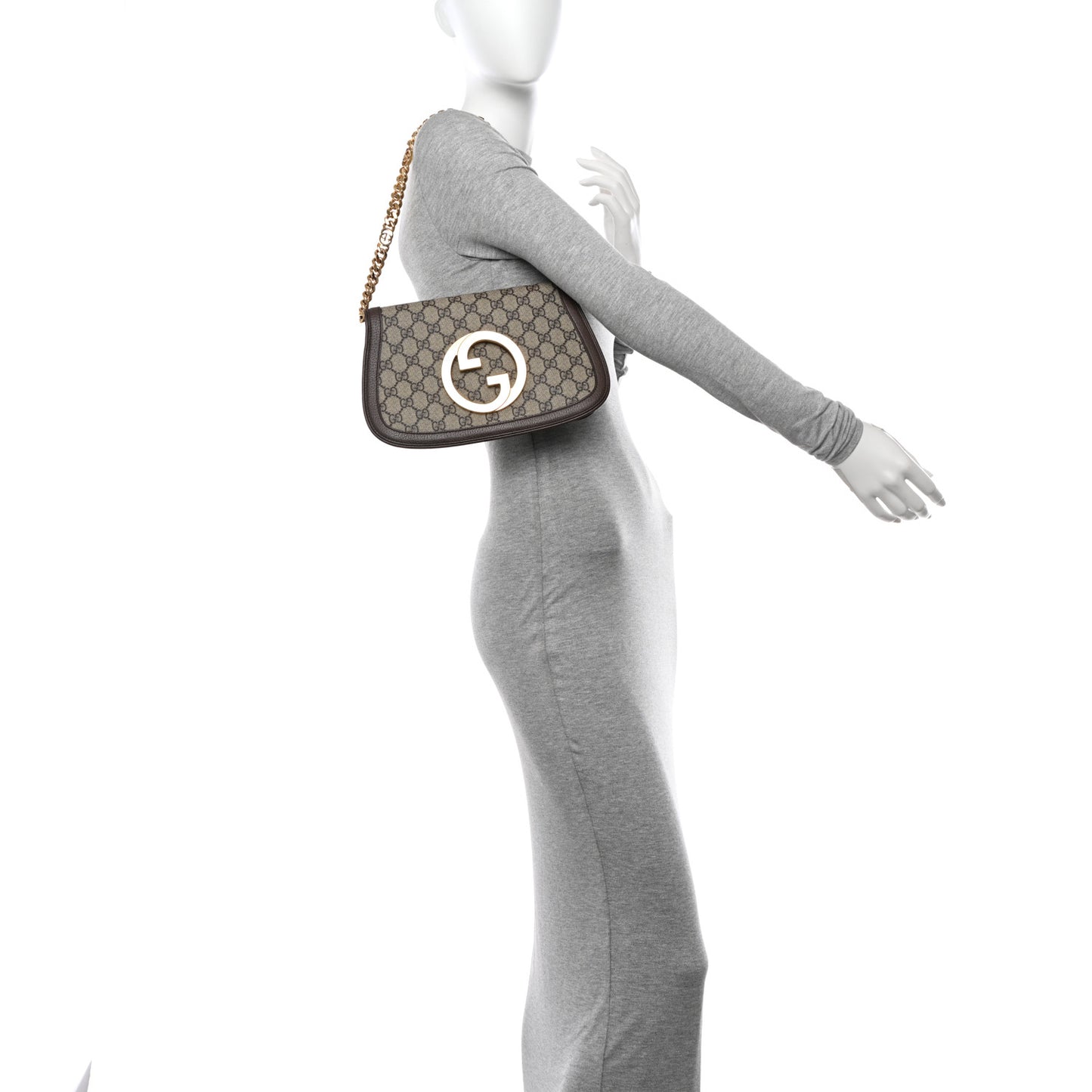 GG Supreme Monogram Textured Dollar Calfskin Blondie Chain Shoulder Flap Bag Beige Ebony New Acero