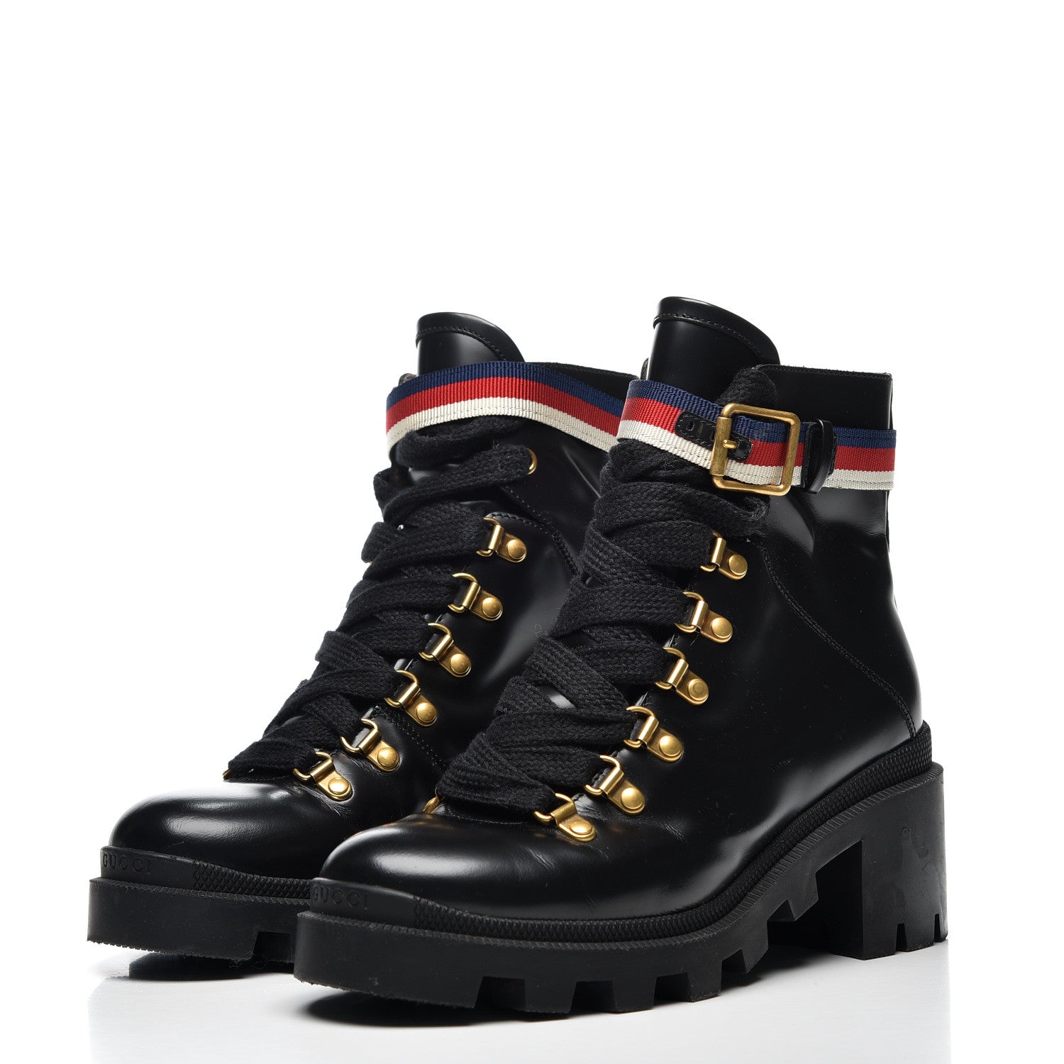 Gucci Calfskin Sylvie Web Womens Lace Up Combat Boots 37.5 Black 2 of 10