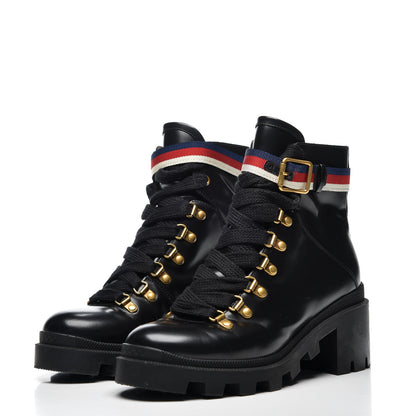 Gucci Calfskin Sylvie Web Womens Lace Up Combat Boots 37.5 Black 2 of 10