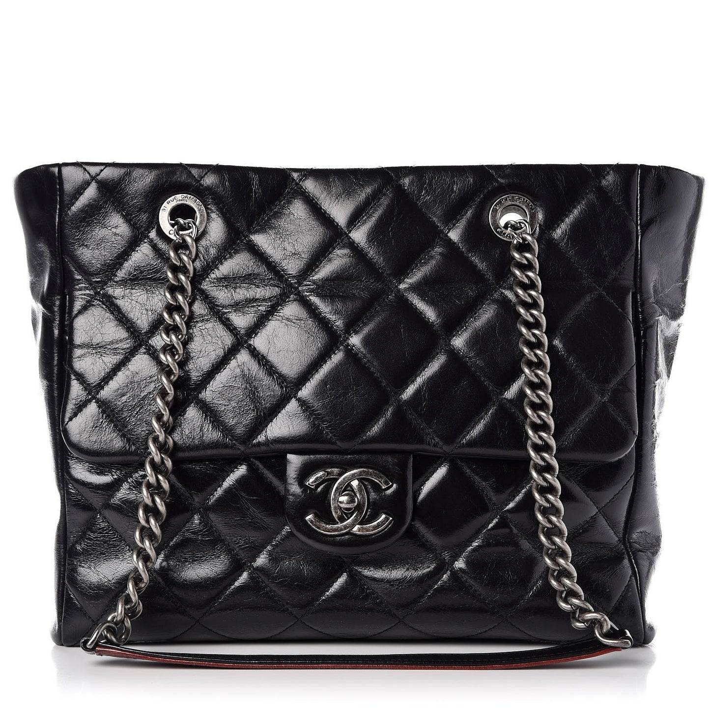 Glazed Calfskin Quilted Front Pocket Tote Black