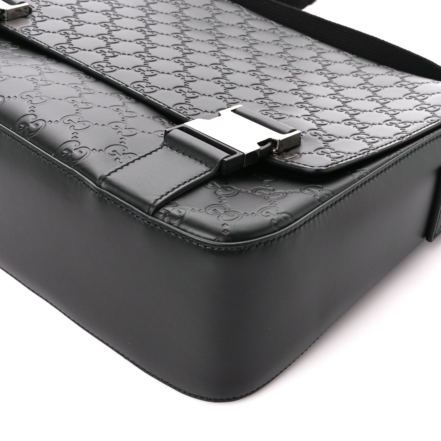 Gucci Guccissima Signature Medium Double Buckle Flap Messenger Bag Black 11 of 11