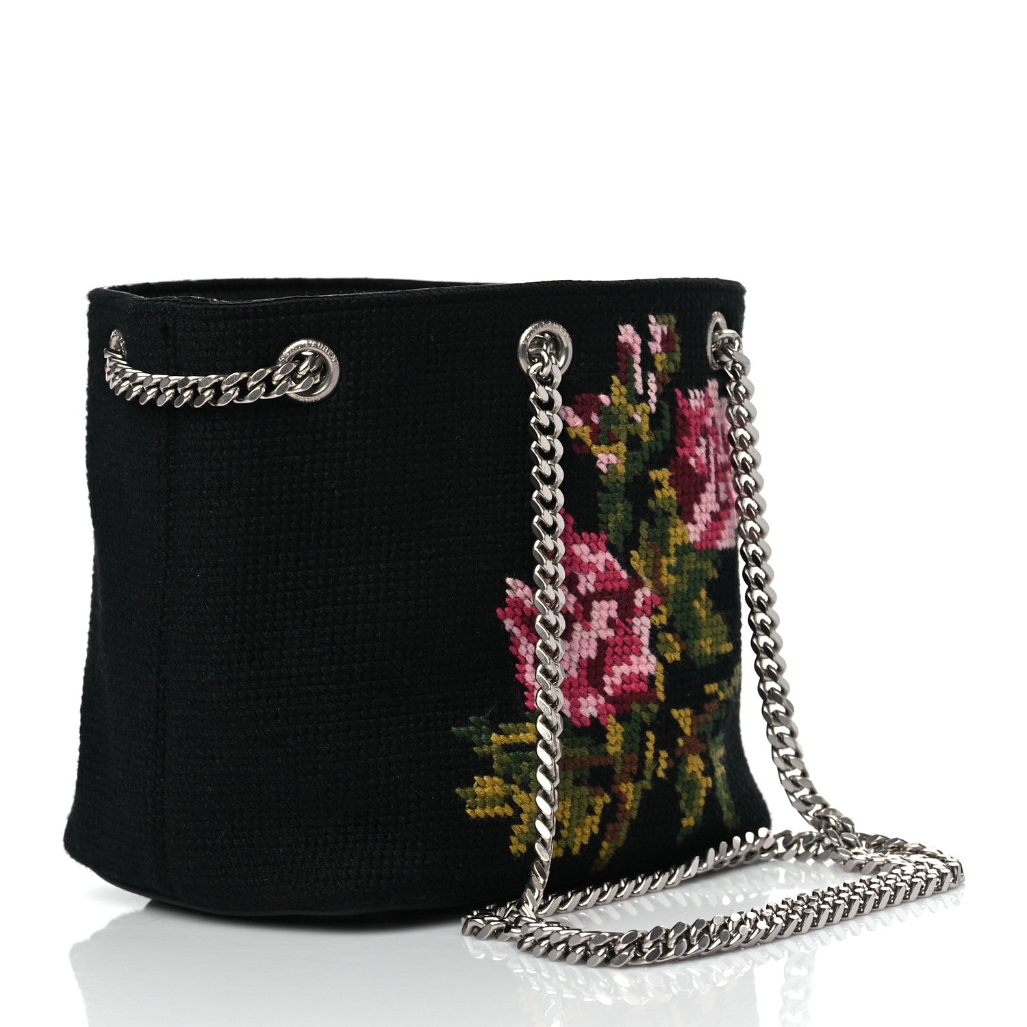 Saint Laurent Woven Wool Embroidered Baby Emmanuelle Bucket Bag Black 2 of 9
