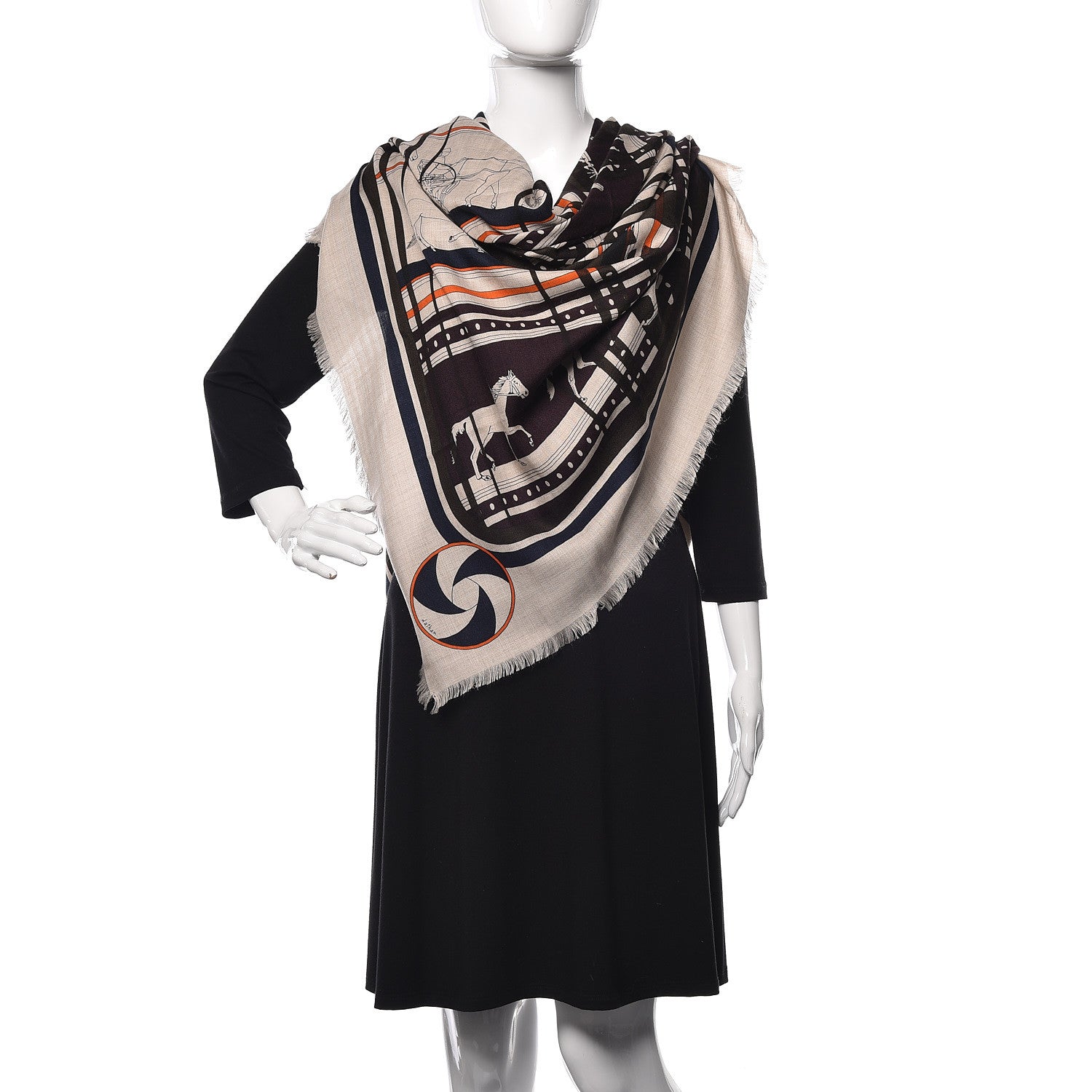 Hermes Cashmere Silk Imprimeur Fou Sequences Shawl 140 Naturel Kaki Orange 2 of 7