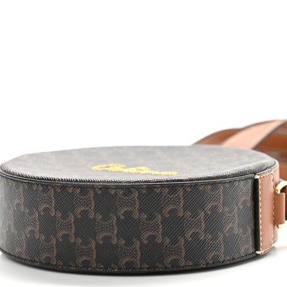 Celine Triomphe Canvas Embroidered Logo Round Purse On Strap Black Tan 10 of 11