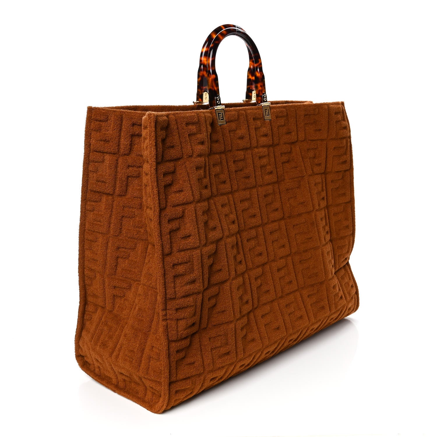Fendi Terrycloth Plexiglass FF Embossed XL Fendi Sunshine Shopper Tote Caramel 2 of 4