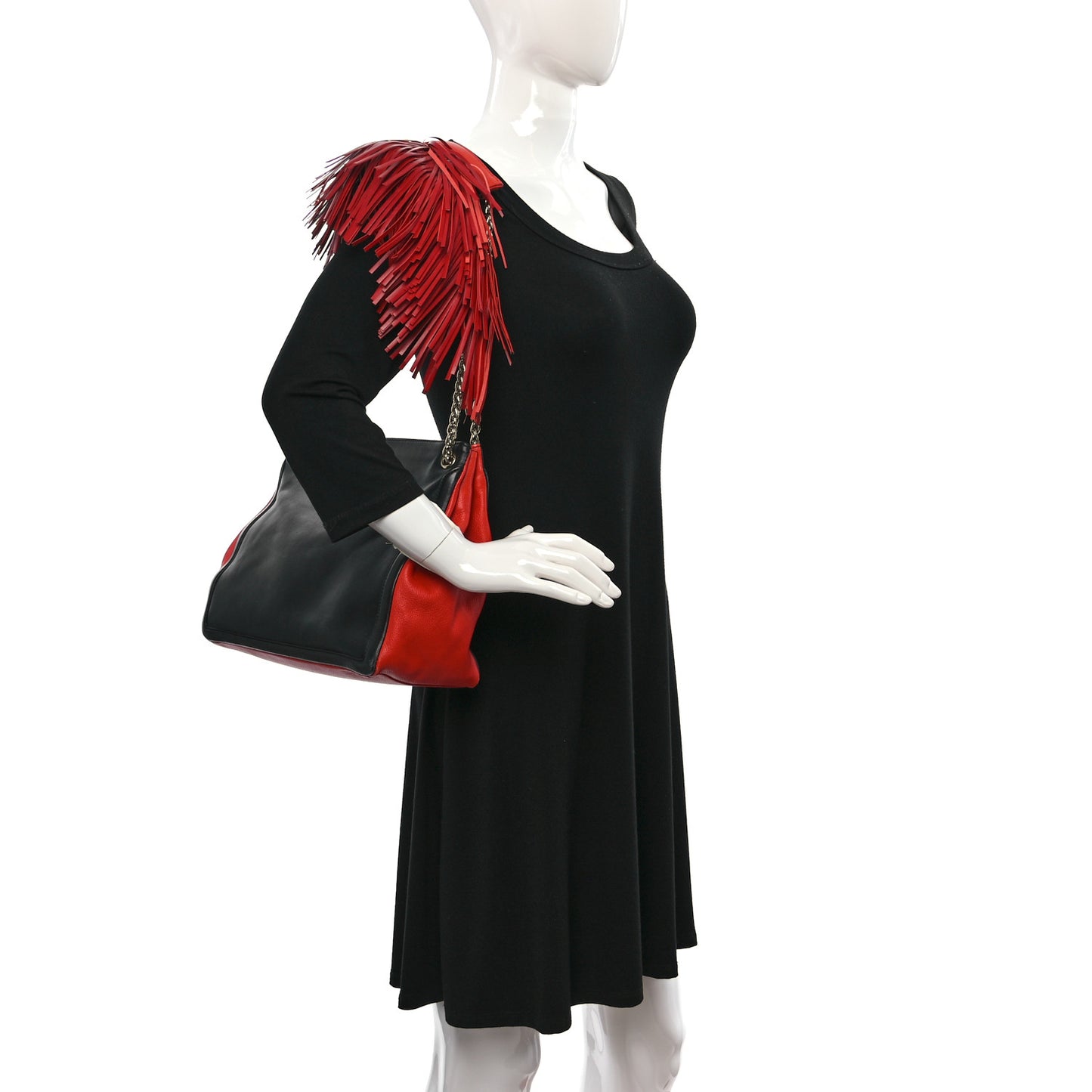 Grained Calfskin Artemis Fringe Shopping Tote Red Black