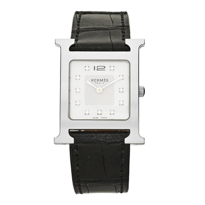 Hermes Stainless Steel Alligator Diamond Mother of Pearl 26mm Heure H Hour Quartz Watch Noir 1 of 4