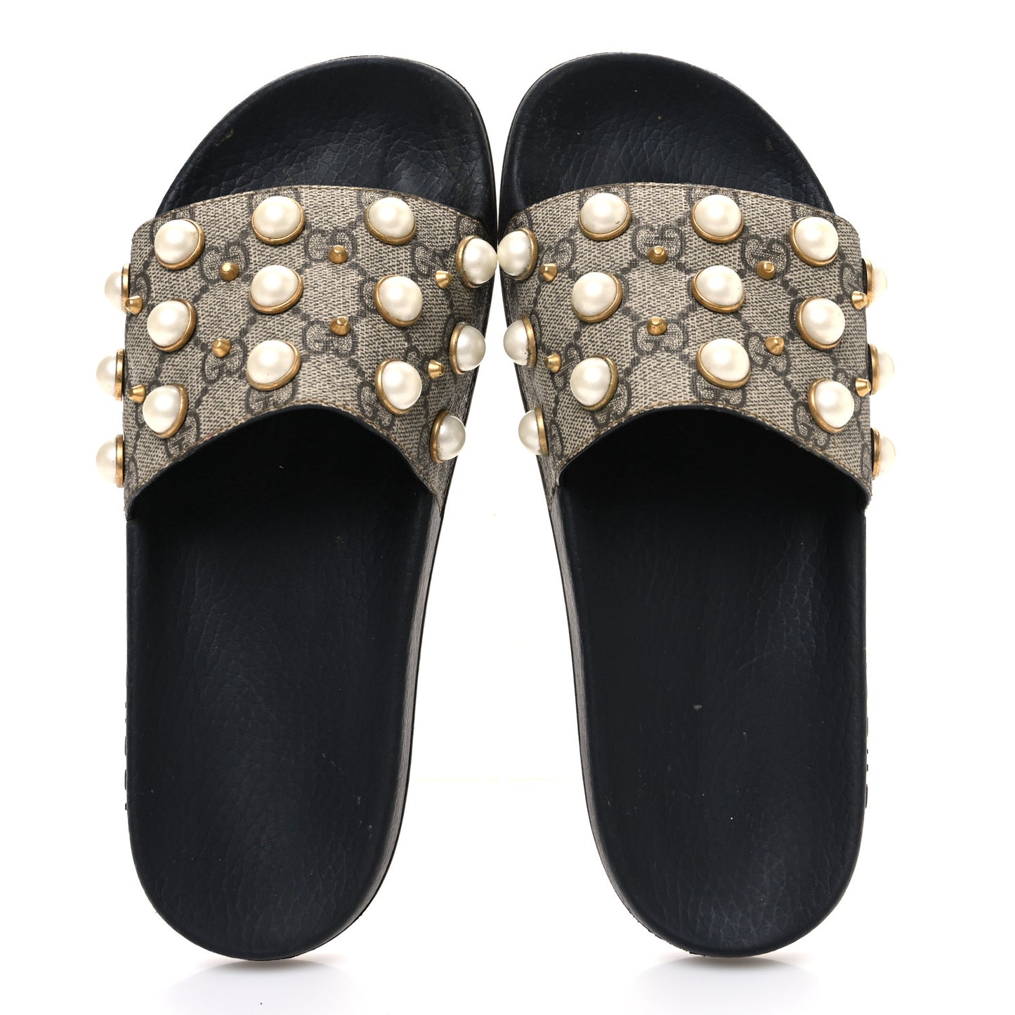 GG Supreme Monogram Pearls Slide Sandals 38 Beige