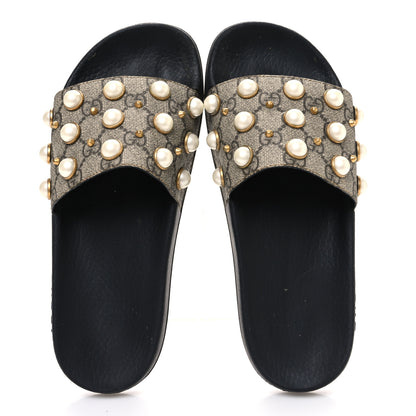 Gucci GG Supreme Monogram Pearls Slide Sandals 38 Beige 2 of 11