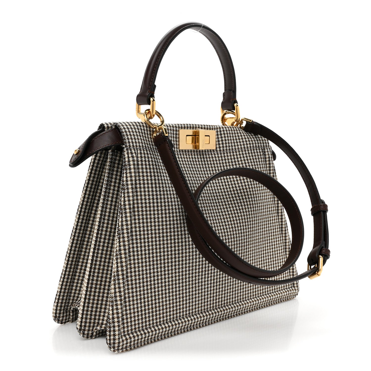 Fendi Wool Fabric Jacquard Cuoio Large Houndstooth FF 1974 Medium Peekaboo I SEE U Satchel Beige Tobacco Moro 3 of 12