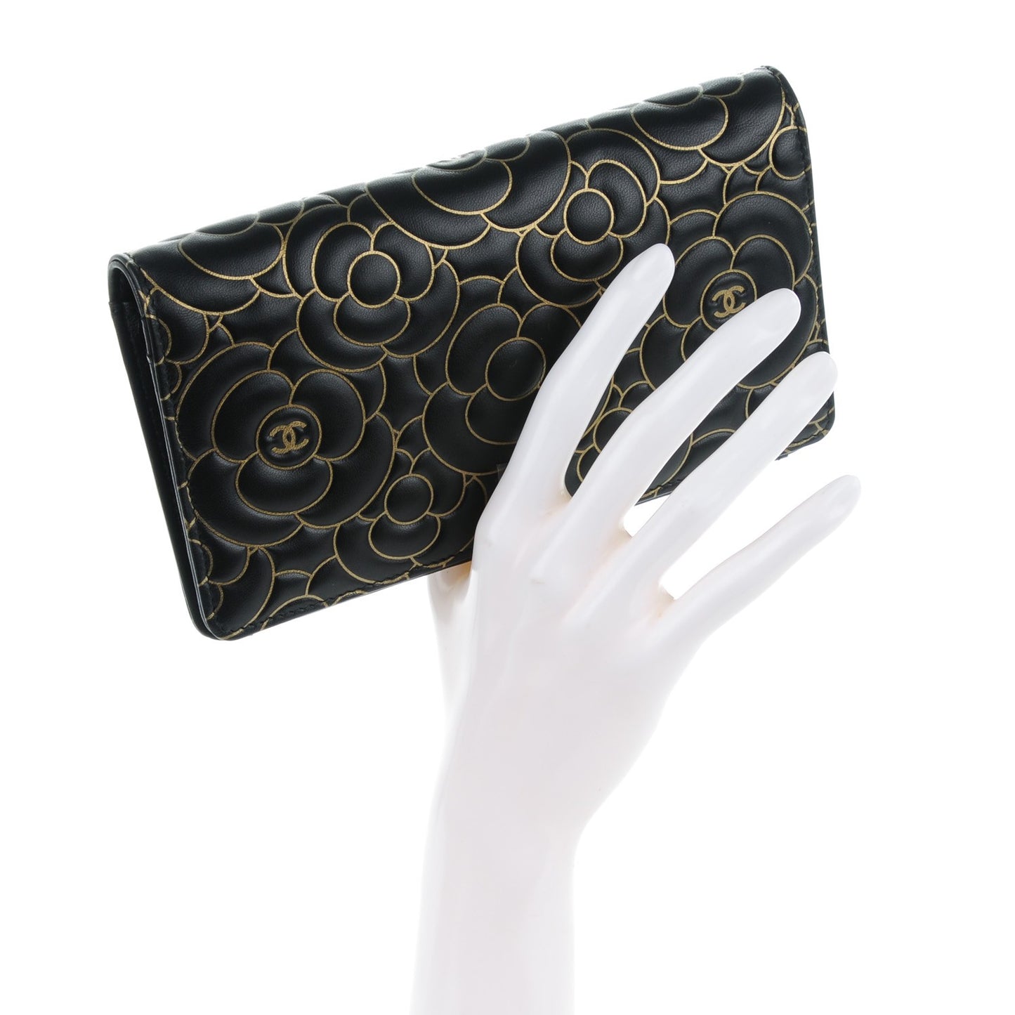 Lambskin Camellia Embossed Yen Wallet Black Gold