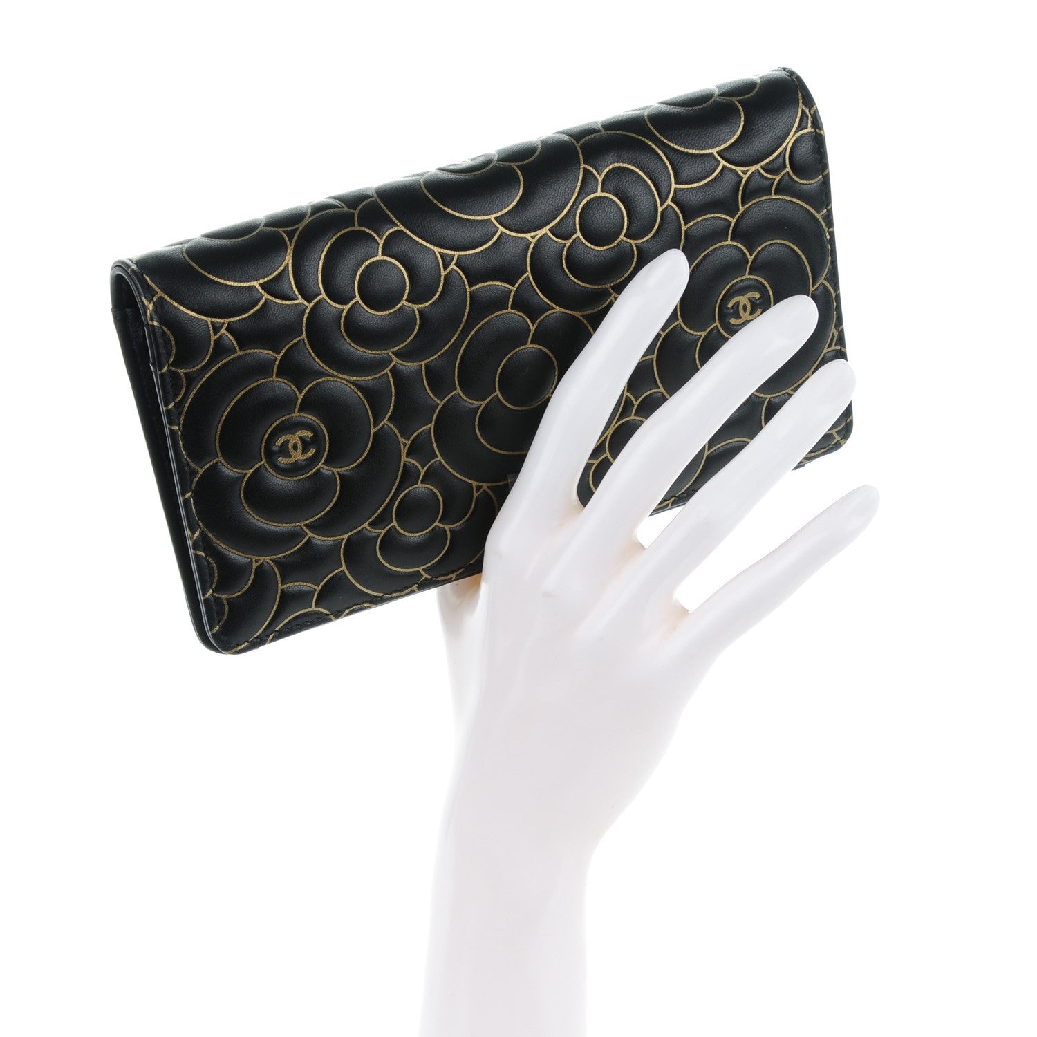 Chanel Lambskin Camellia Embossed Yen Wallet Black Gold 2 of 8