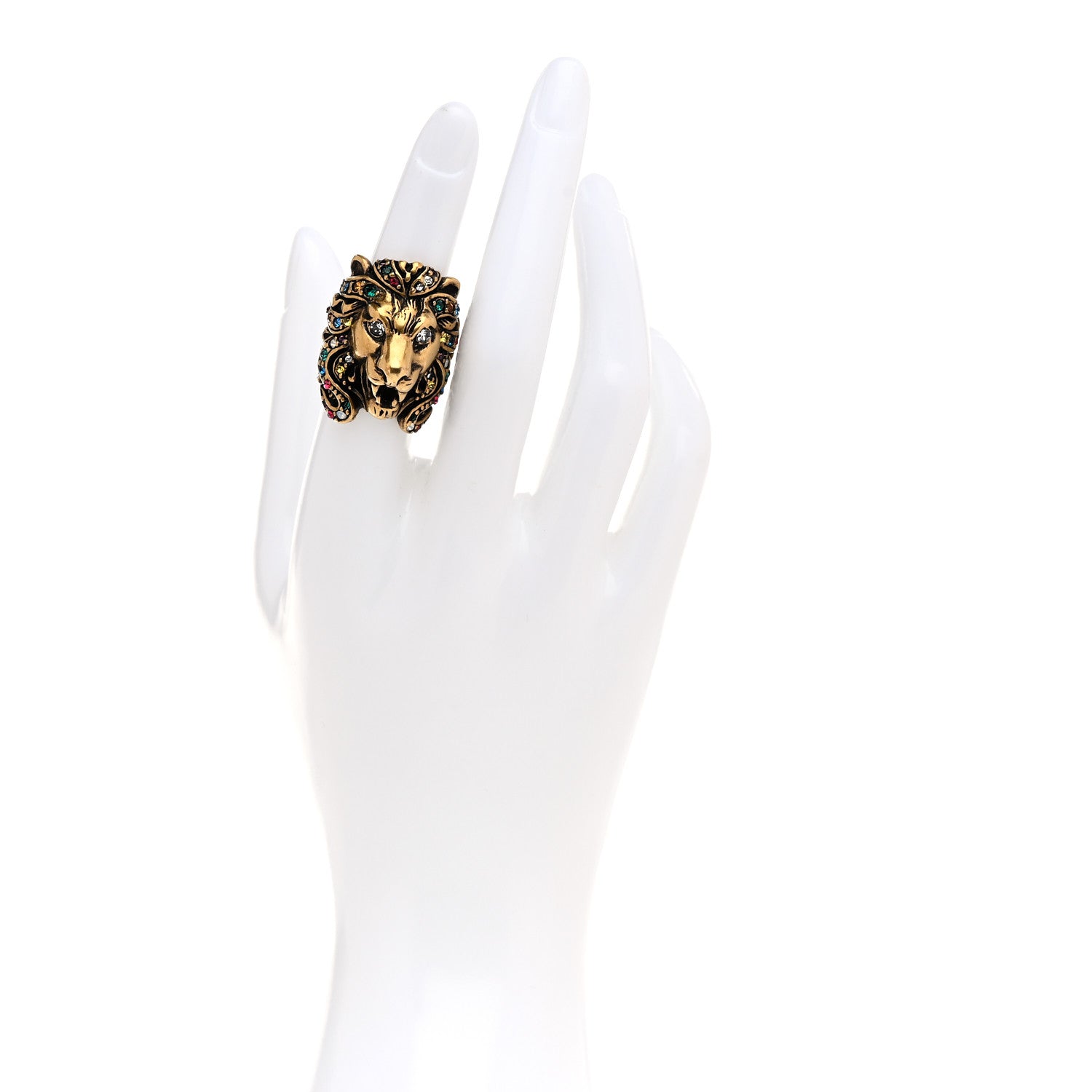 Gucci Metal Crystal Lion Head Ring 50 5.25 Aged Gold 2 of 6