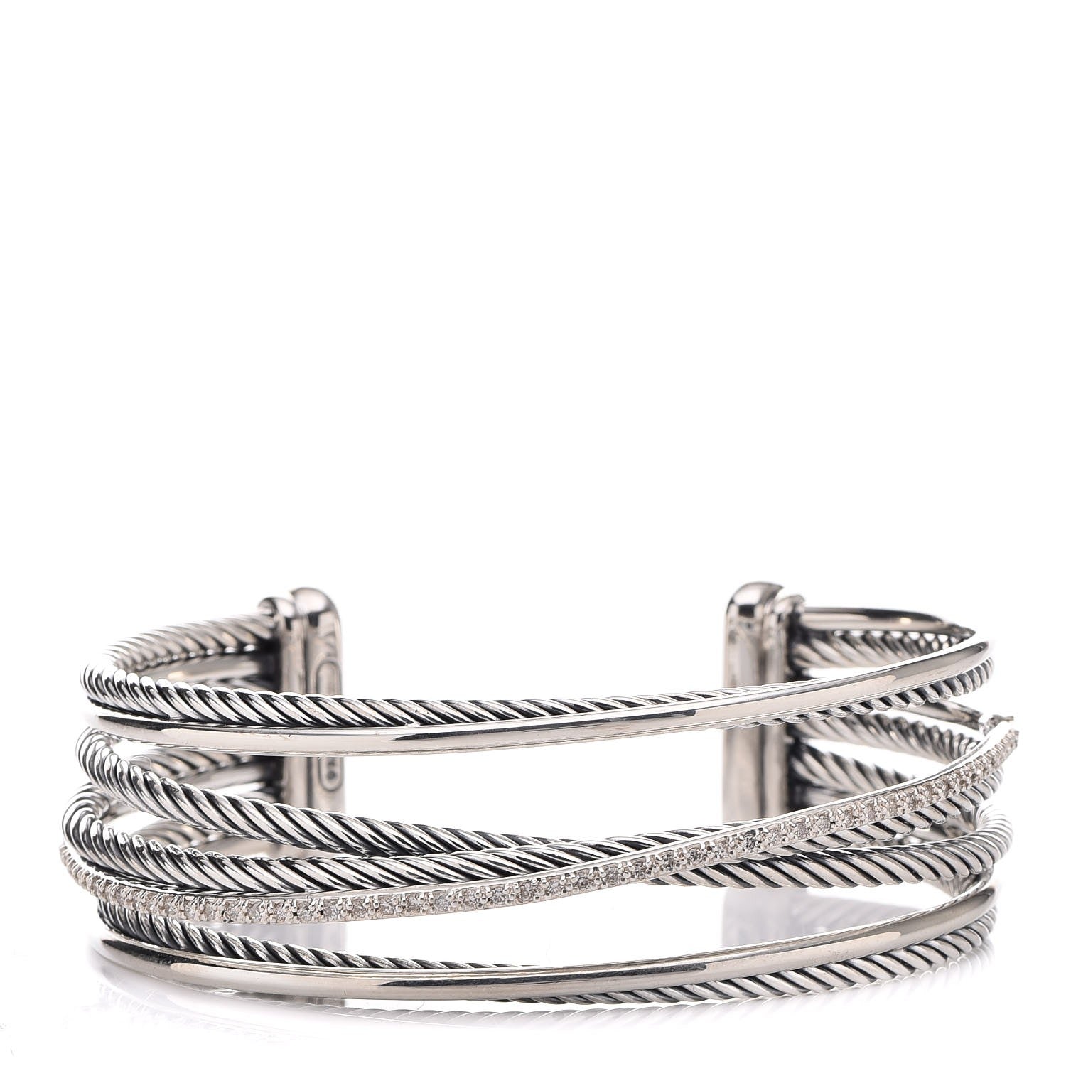 David Yurman Sterling Silver Diamond Crossover Four Row Cuff Bracelet 1 of 5