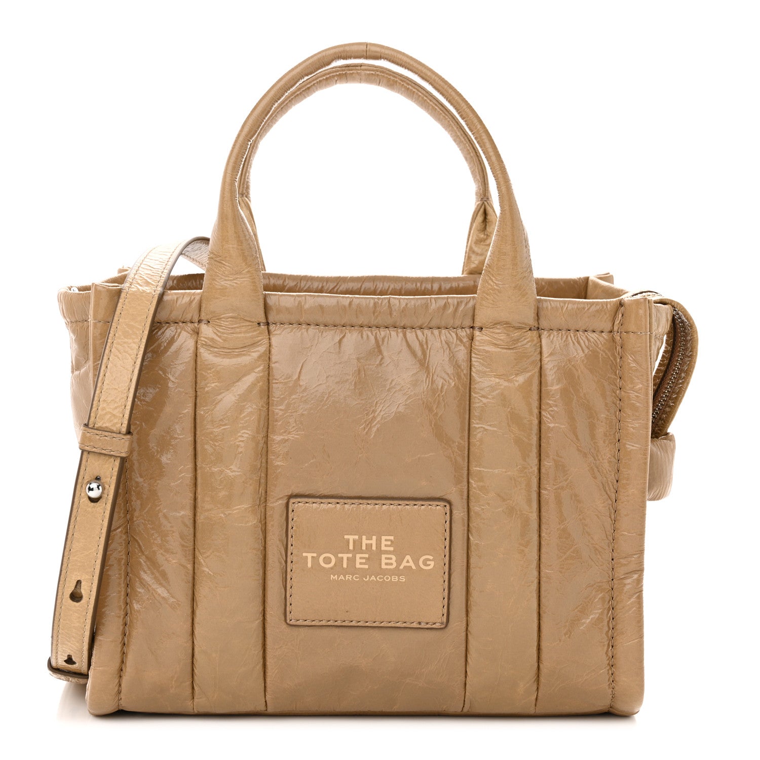 Marc Jacobs Shiny Crinkled Calfskin Mini The Tote Bag Light Brown 1 of 11