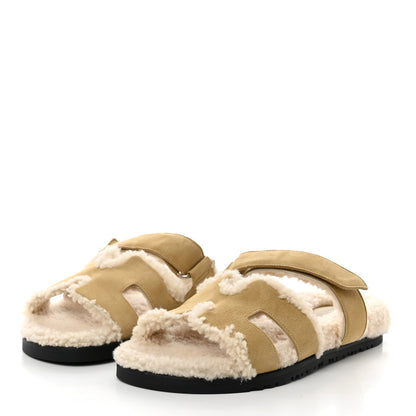 Hermes Suede Goatskin Woolskin Womens Chypre Sandals 40 Beige Albatre Ecru 3 of 9