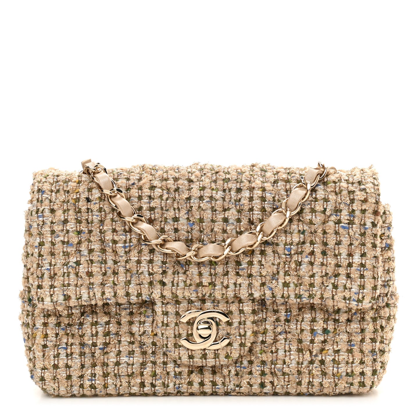 Tweed Quilted Mini Rectangular Flap Beige