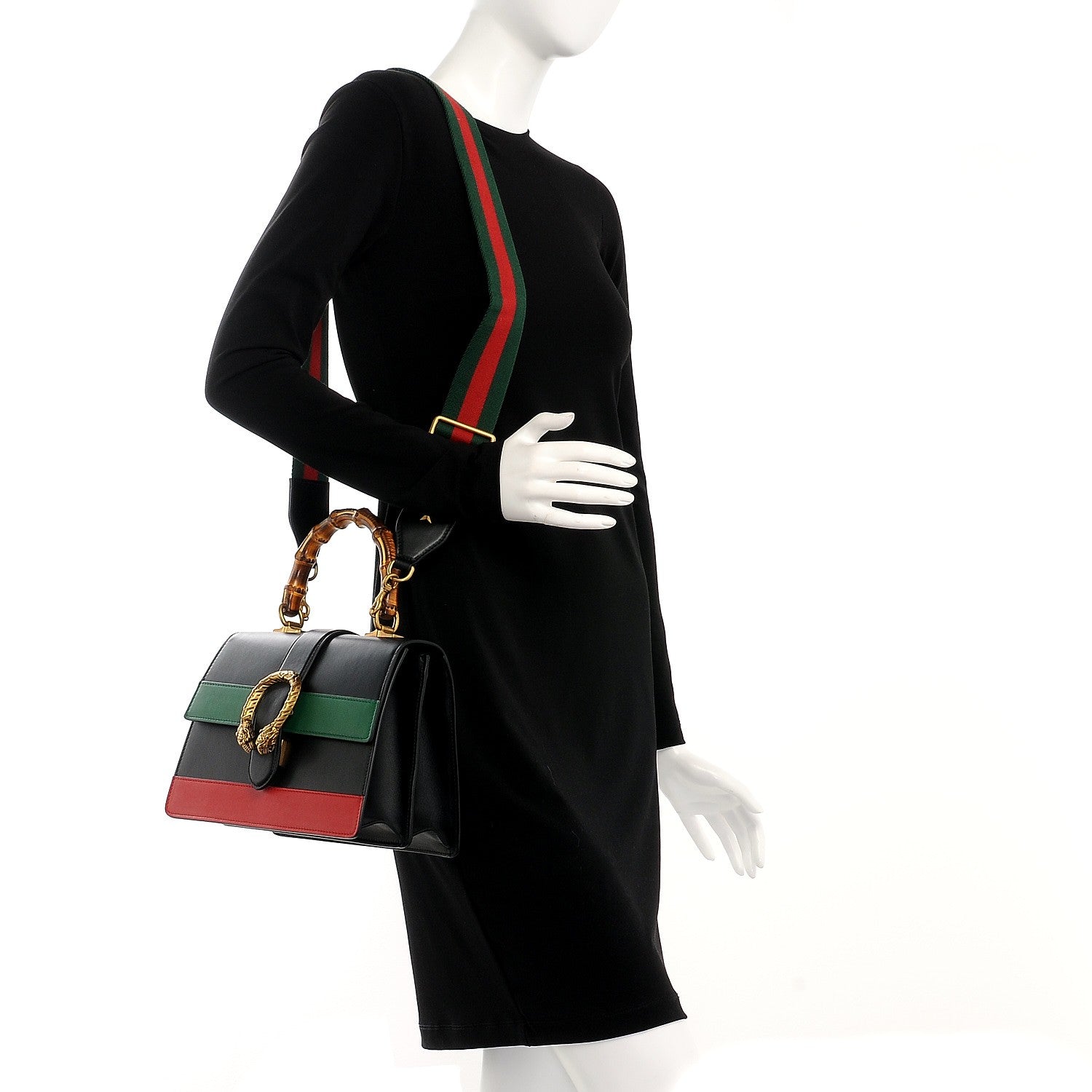 Gucci Moon Calfskin Web Medium Dionysus Bamboo Top Handle Bag Black Bright Evergreen Hibiscus Red 2 of 8