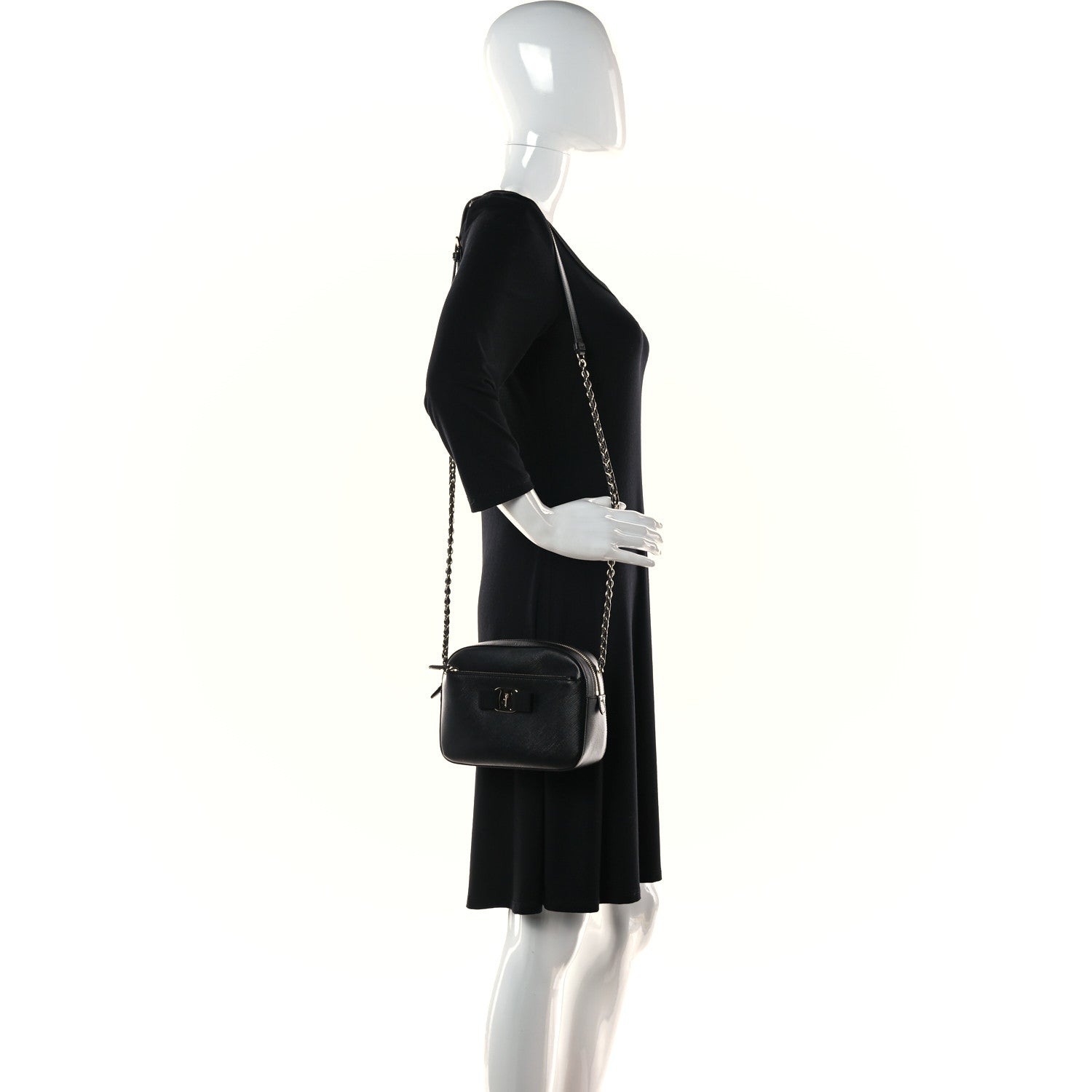 Salvatore Ferragamo Hammered Calfskin Lydia Bow Camera Bag Black 2 of 10