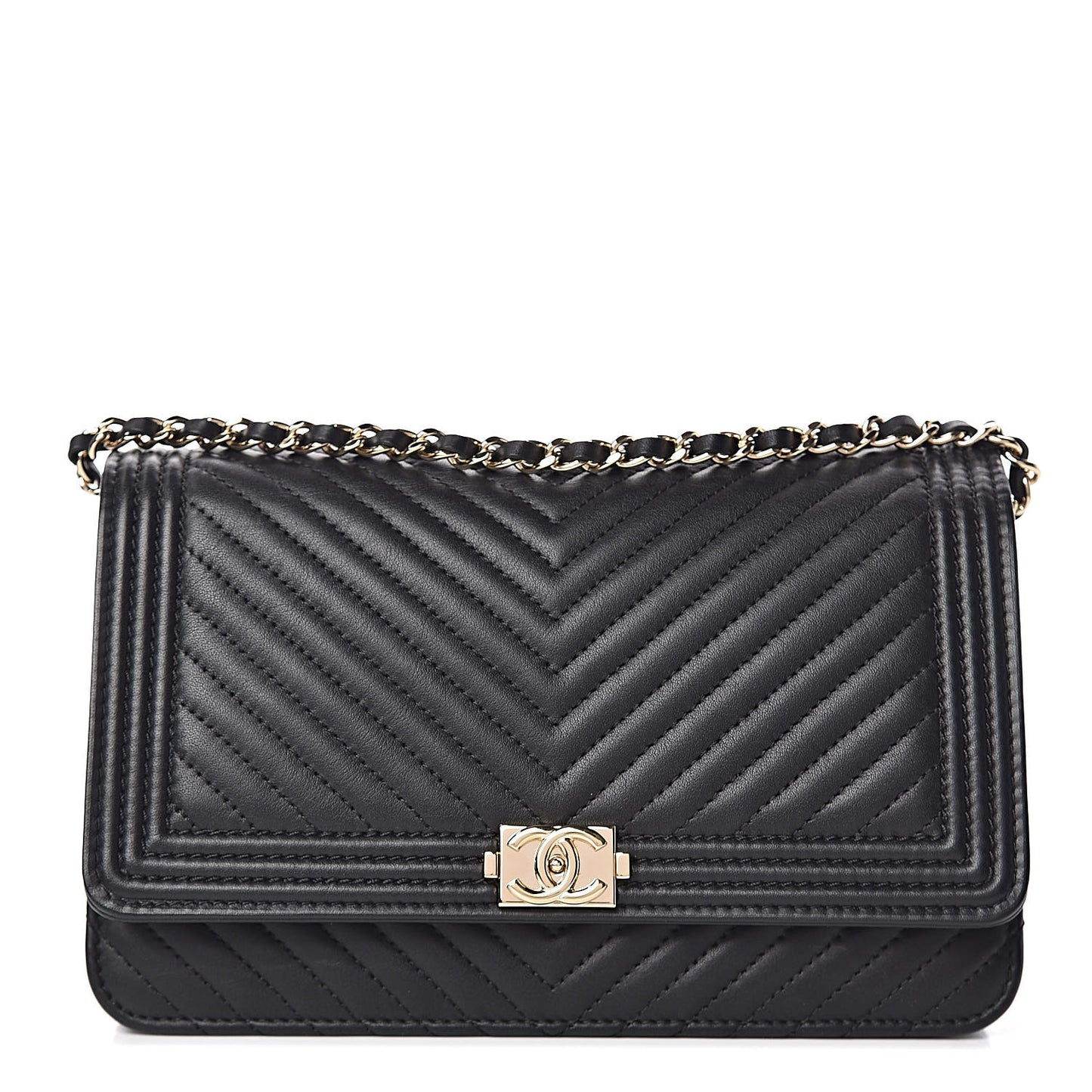 Calfskin Chevron Boy Wallet On Chain WOC Black
