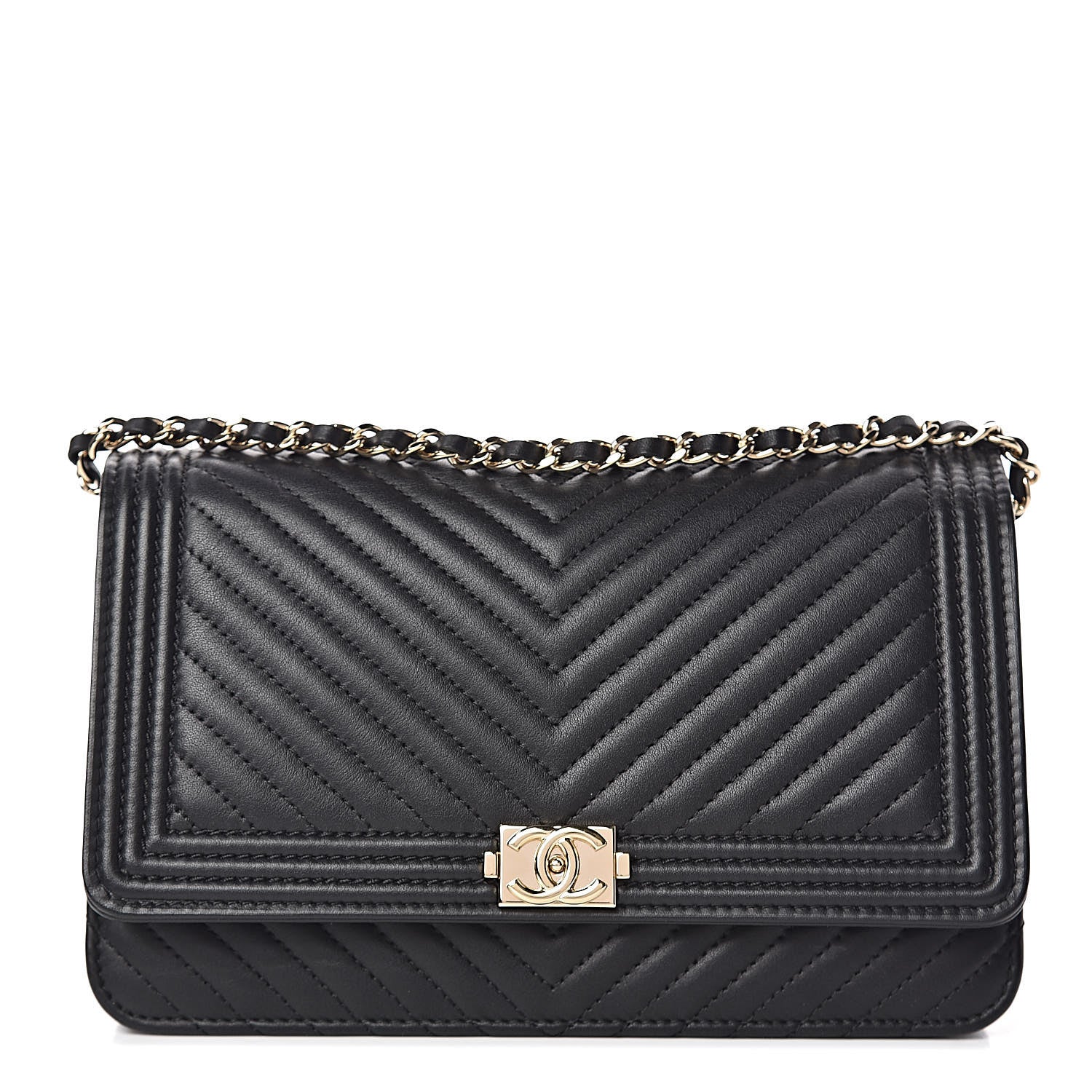 Chanel Calfskin Chevron Boy Wallet On Chain WOC Black 1 of 13
