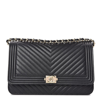 Chanel Calfskin Chevron Boy Wallet On Chain WOC Black 1 of 13