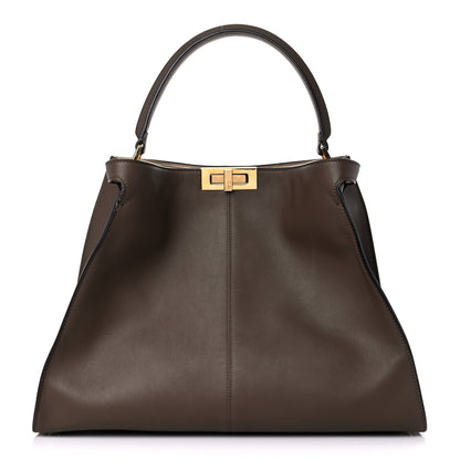 Fendi Vitello Seta Glazed Fabric FF 1974 Large Peekaboo X-Lite Maya Mogano Panna 1 of 16