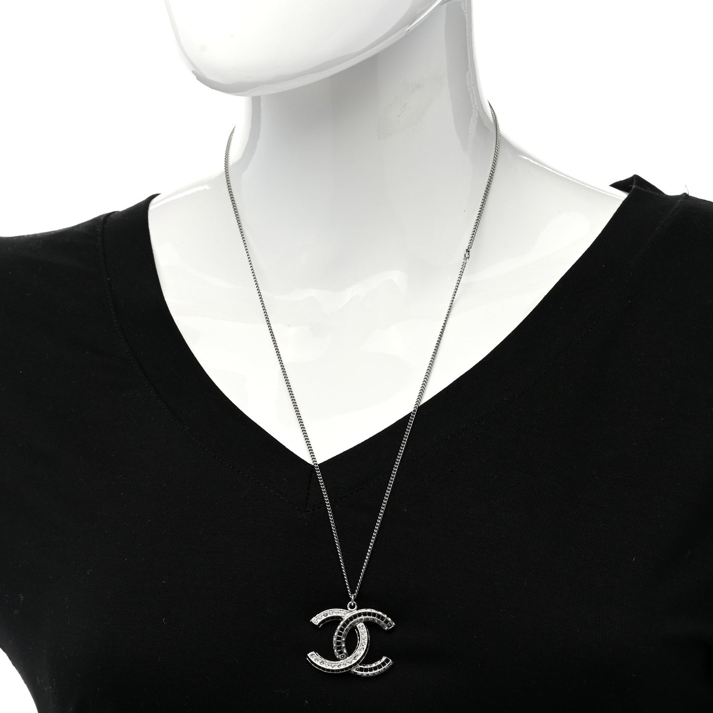 Baguette Crystal Large CC Necklace Silver Black