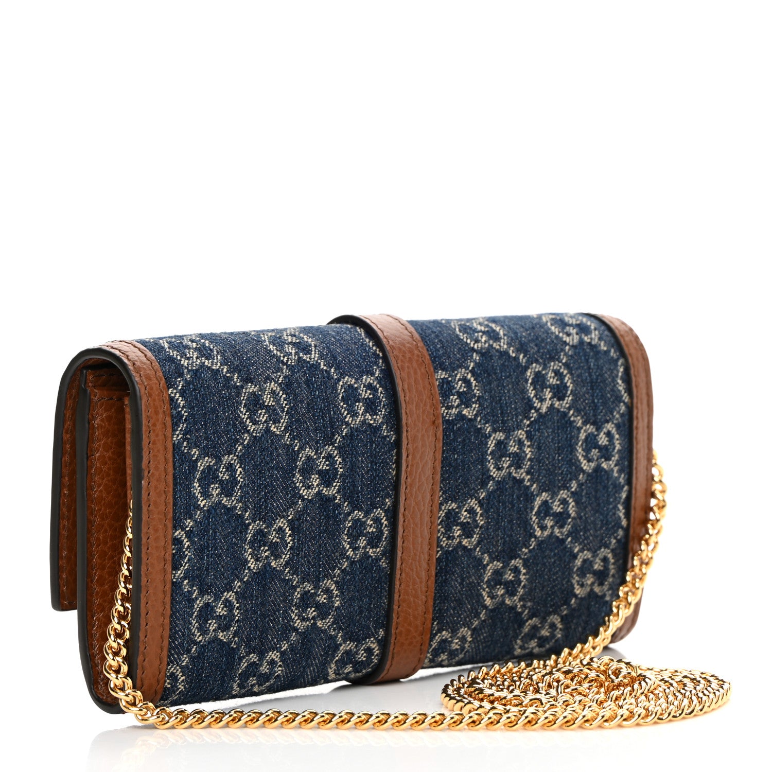 Gucci New Denim GG Monogram Jackie 1961 Chain Wallet Blue Tea Cuir 3 of 13