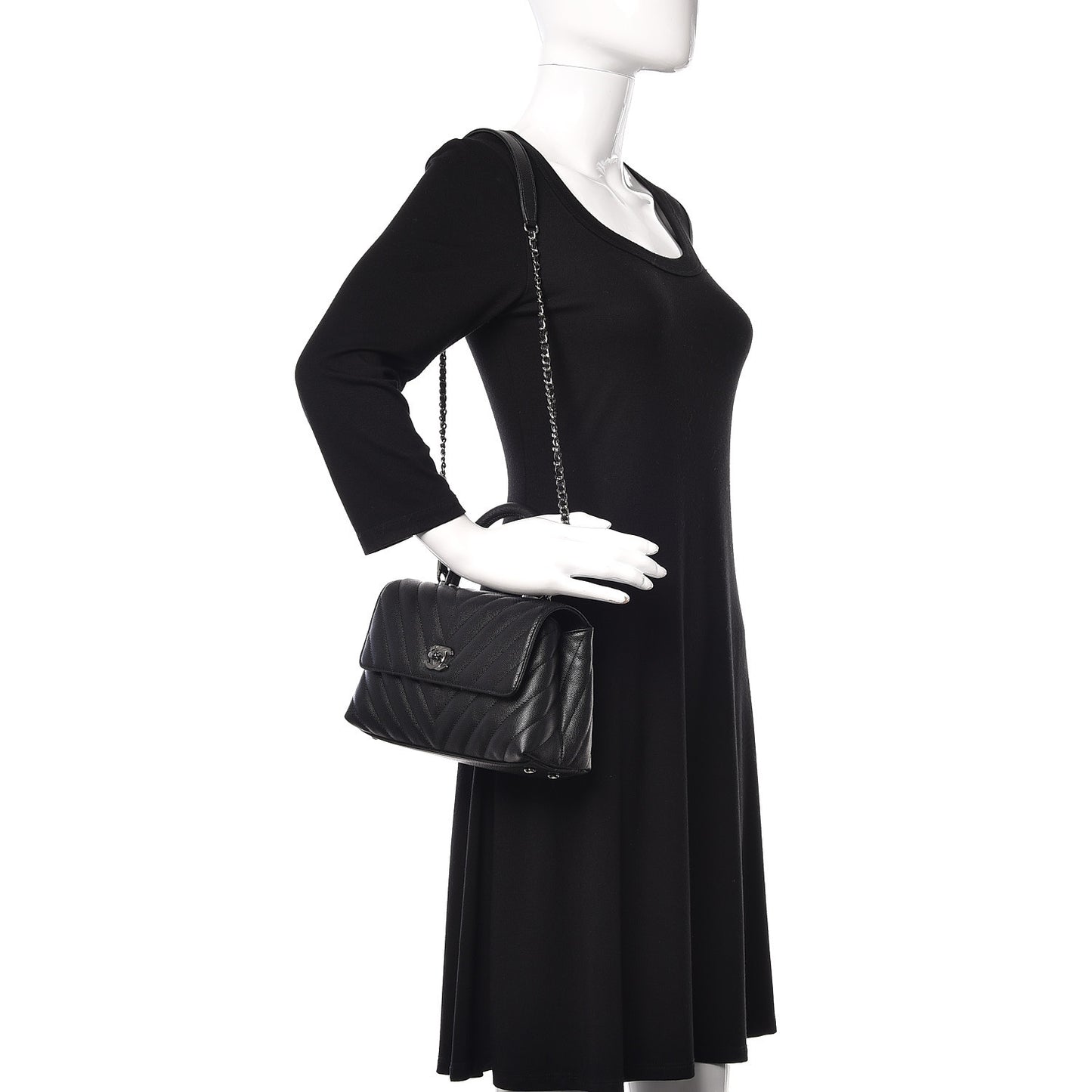 Caviar Chevron Quilted Mini Coco Handle Flap Black