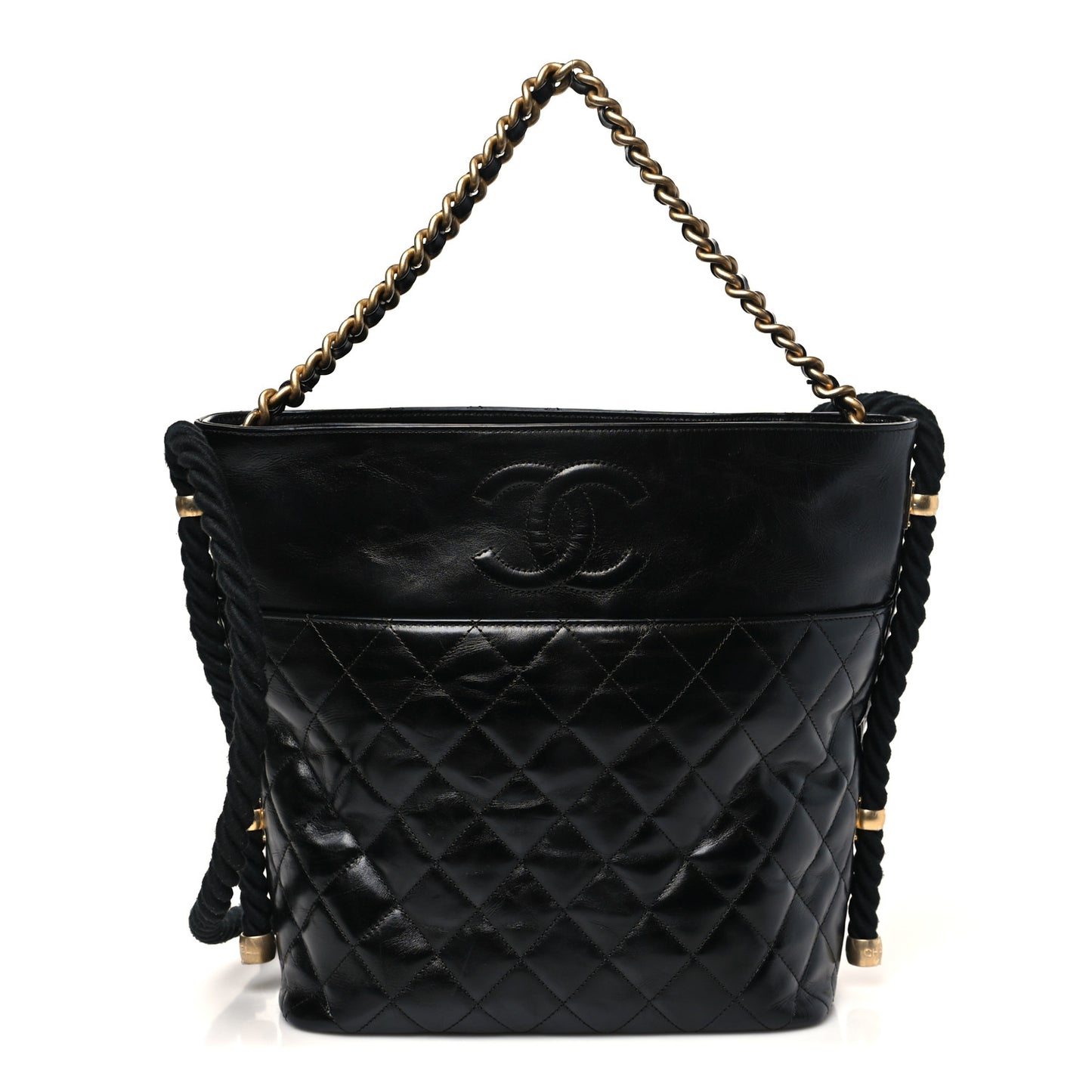 Crumpled Calfskin En Vogue Rope Hobo Bag Black